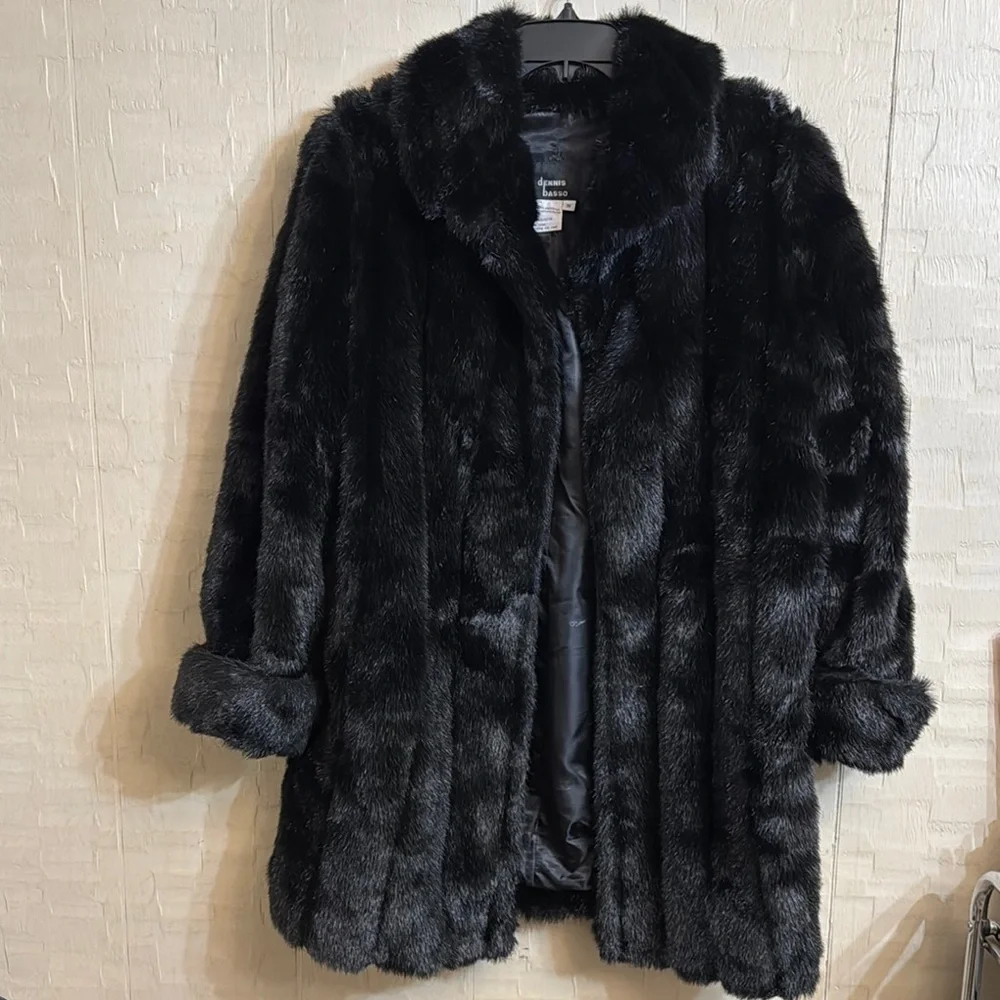 Vintage Dennis Basso Mid Length Faux Fur Coat Black size M. (D) - Picture 1 of 4